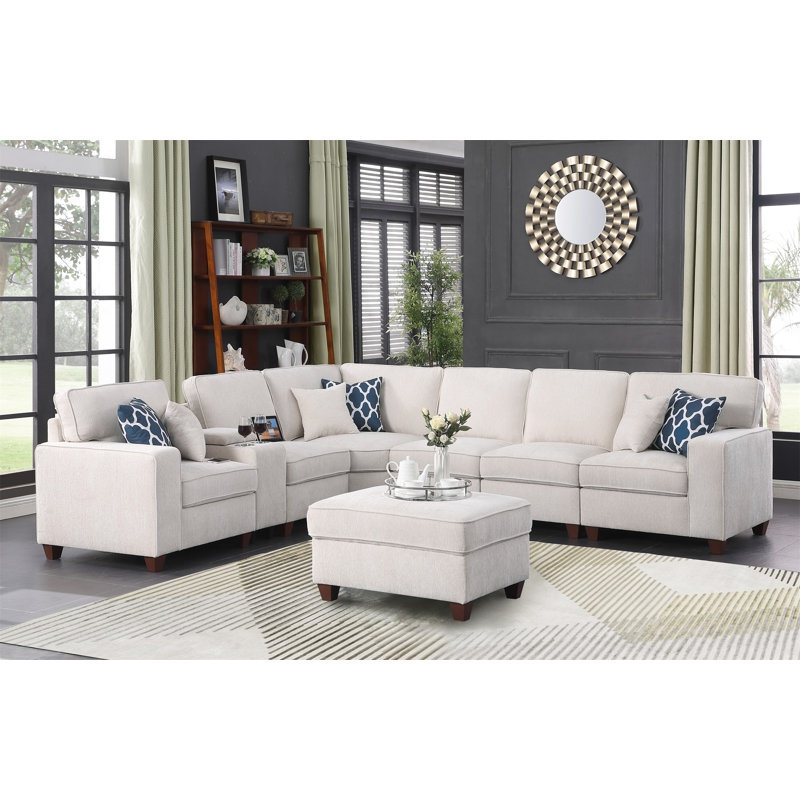 Rene Sectional Sofa With Ottoman, Beige Chenille