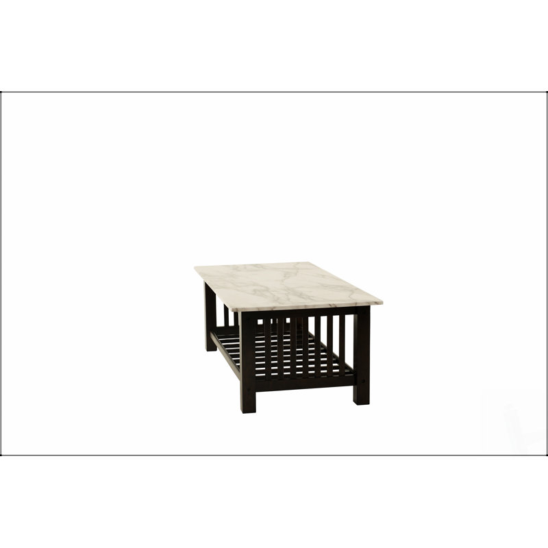 Table basse moderne et contemporaine avec plateau en faux marbre, pieds en noyer antique et tablette de rangement ouverte pour le salon