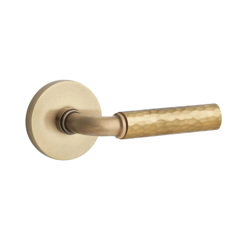Emtek Select Privacy Interior Mortise w/ Disc Rosette & R-Bar Stem, Hammered Lever, Right, Satin Nickel