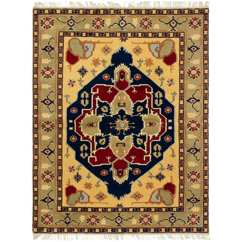 Tapis décoratif en laine de conception unique noué à la main des années 1980 5 pi 4 po x 7 pi 7 po Beriguette en jaune/crème foncé/bleu foncé