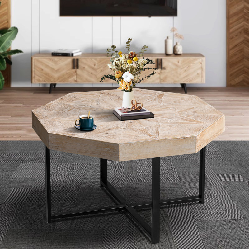 Table basse octogonale en bois avec patchwork de style campagnard 30 pouces, Chêne