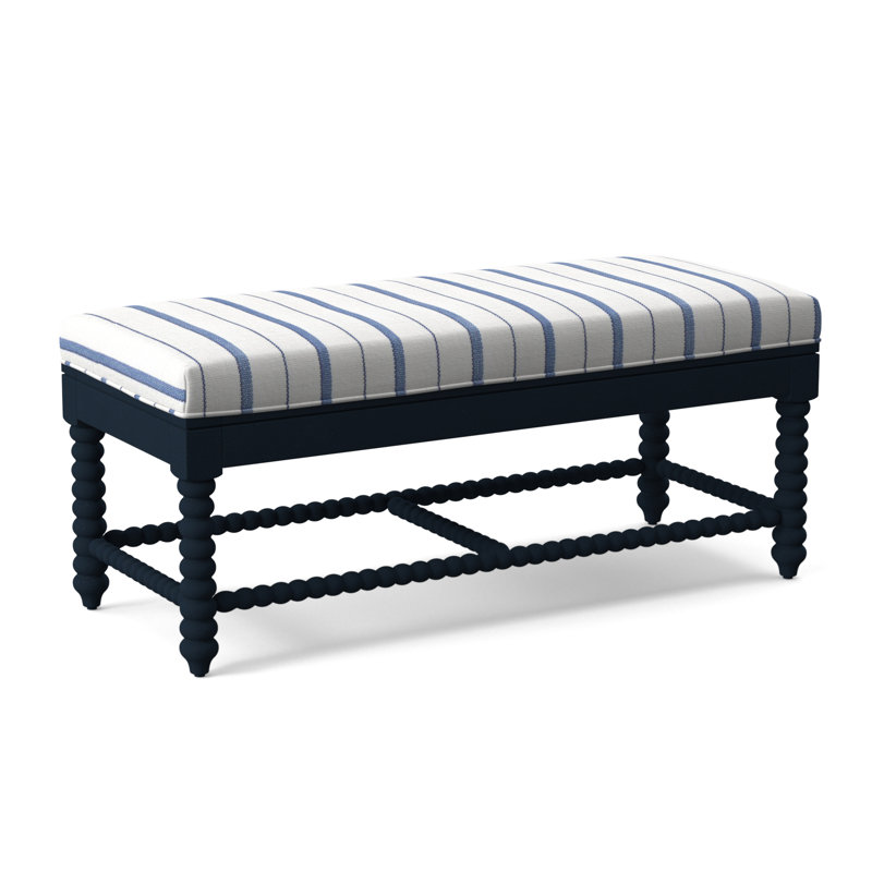 Lind Island Upholstered Bench, Sunbrella Beige Pinstripe; 6205-74, Navy Finish