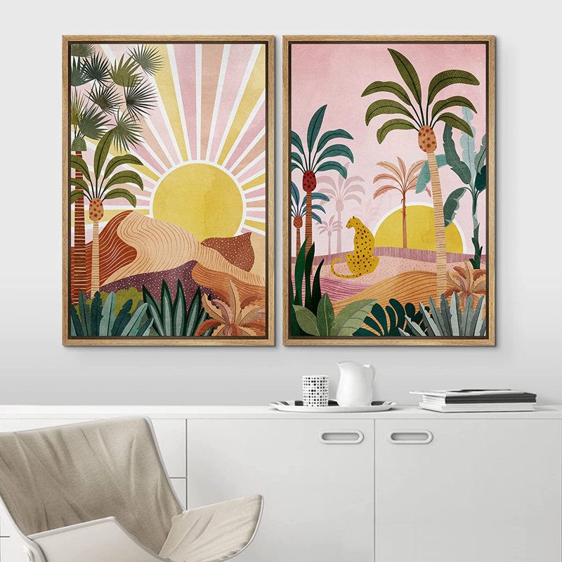 «Bright Preppy Animals Sunlight Over Tropical Jungle Cheetah Cat Nature», ensemble de 2 impressions encadrées sur toile