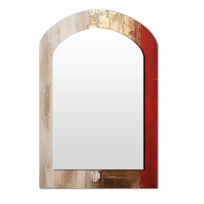 Full Moon Redemption Abstract Gold And Red I - Abstract Painting Asymmetrical Decorative Mirror, Modern Arch Wall Mirror, Printed Metal Art