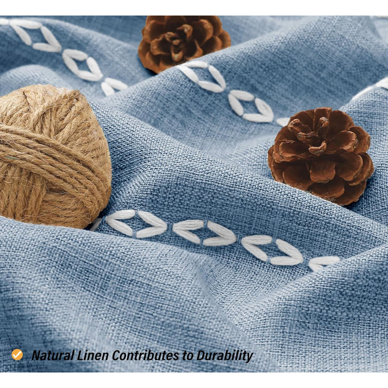 Blue Linen Blend Boho Farmhouse Shower Curtain with Tassels
