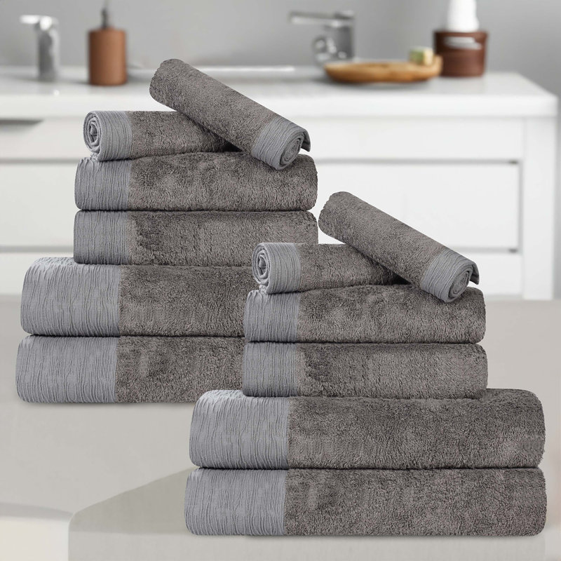 Ensemble de serviettes en rayonne de bambou et en coton mélangé hypoallergénique, Ensemble de 12 serviettes, Gris anthracite