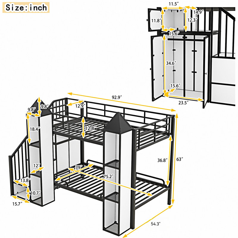 Lit superposé en métal en forme de château avec garde-robe et rangement multiple, Blanc/Noir
