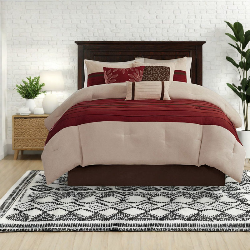 Luxurious 7-piece Faux Suede Bedding Set, Cal King, Red, Transitional Design