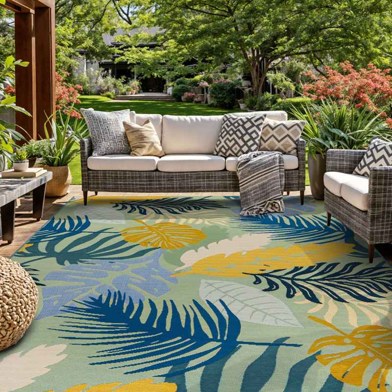 Coastal Tropical Leaf Indoor/Outdoor Patio Area Rug, Blue And Yellow Botanical Design, Rectangle 7'10" x 10'6"