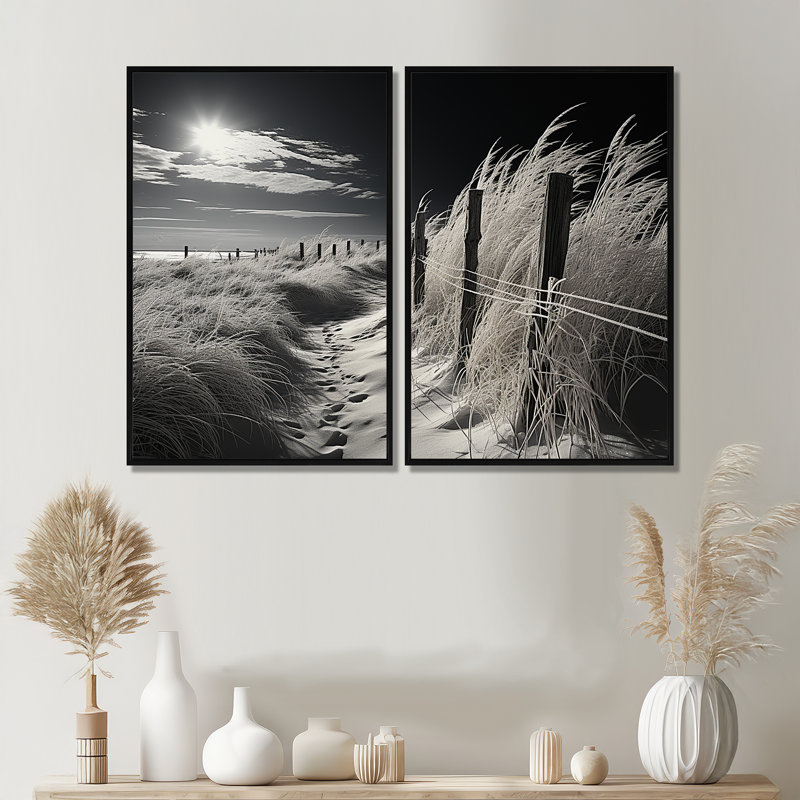 Horizon de plage noir et blanc - art mural côtier, Noir, H 36 po x l 48 po, Impression encadrée flottante