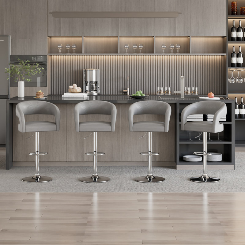 Ensemble de 4 tabourets de bar réglables George avec accoudoirs à dossier George, tabourets de comptoir pivotants en cuir de polyuréthane moderne avec repose-pieds, chaises d'îlot de cuisine pour la salle à manger, bar maison, café, gris