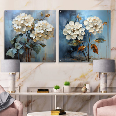 Blue Hydrangea Blooms In Grey Tone - Hydrangea Acrylic Wall Art Glass Set Of 2