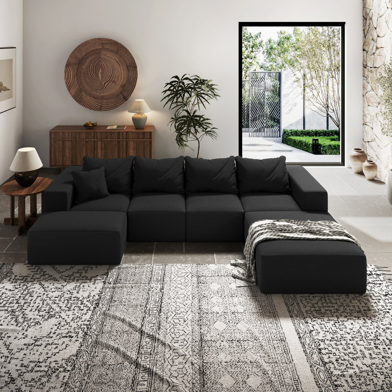 Canapé modulaire rembourré de L 132 po, Noir, noir, noir, noir