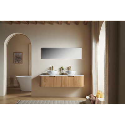 Meuble-lavabo et évier de salle de bain Dina, bords rayés et courbes avec 2 tiroirs, cuve en céramique avec cuve en céramique mate et plateau en pierre frittée de Carrare, pré-assemblé, grain de bois naturel