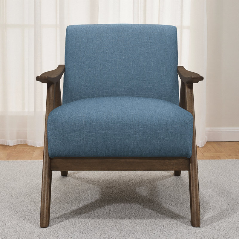 Fauteuil d'appoint en tissu rétro avec siège et dossier en bois massif rétro, Noyer, Bleu