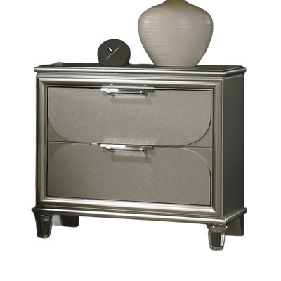 Contemporary Silver 1Pc Nightstand Acrylic Handles Embossed Panels English Dovetails 2-Drawers Bedside Table