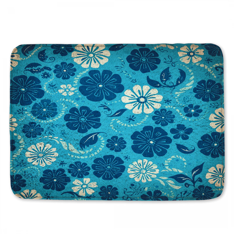 Blue Floral Pattern Bath Mat, 34in W x 21in L
