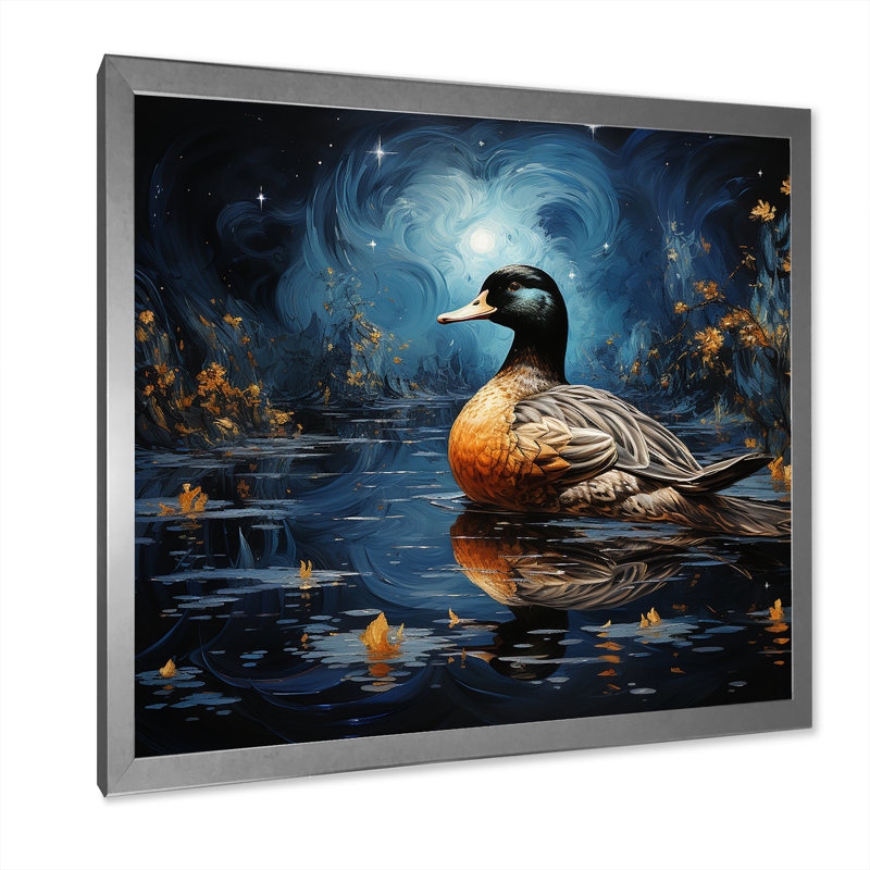 «Blue Duck Midnight Ponder III», art mural animal canard, Cadre simple argenté, H 16 po x l 16 po x P 1 po