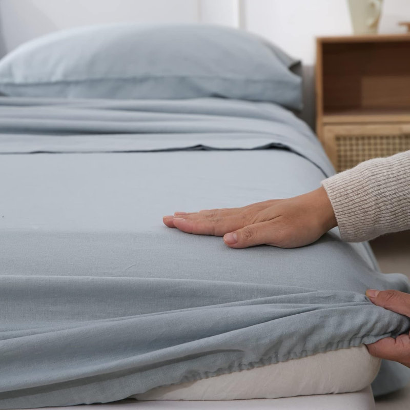 Ensemble de literie en lin belge, Bleu cendré, Ensemble de draps pour grand lit avec 2 taies d'or