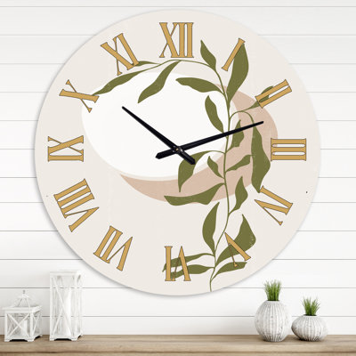 Abstrait soleil et lune avec feuille verte III - horloge murale moderne