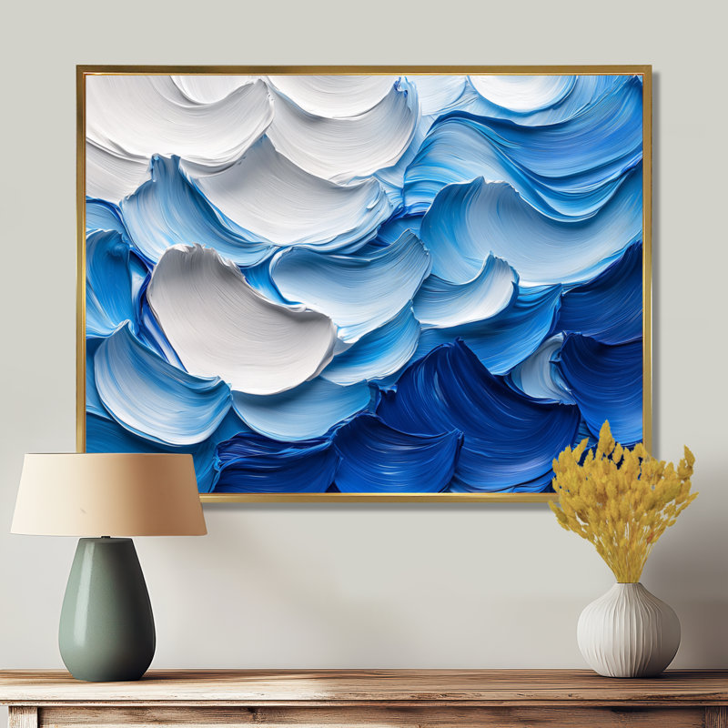 Nuredin Ocean Blue Delicate Flower Petals I - fleurs abstraites, art mural, H 24 po x l 32 po, Cadre flottant, Or