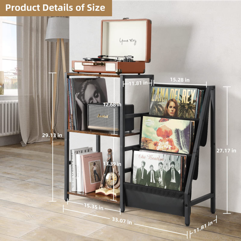 Multi-Function Brown And Black Record Player Stand With Large Vinyl Storage