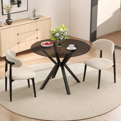 Table de salle à manger ronde en verre trempé 36 pouces avec pieds en métal à motif de riz et ensemble de chaises en coton et lin revêtues de caoutchouc