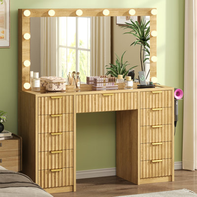 Fluted Vanity Desk With Glass Top, 11 Drawers Makeup Vanity With Large Mirror And Lights, 3 Color Lighting Modes Adjustable Brightness, 47" Dressing T by Latitude Run
