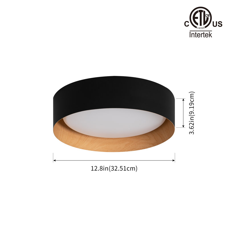 13" Modern LED Flush Mount Lighting 5 CCT Adjustable, Matte Black/Wood Grain