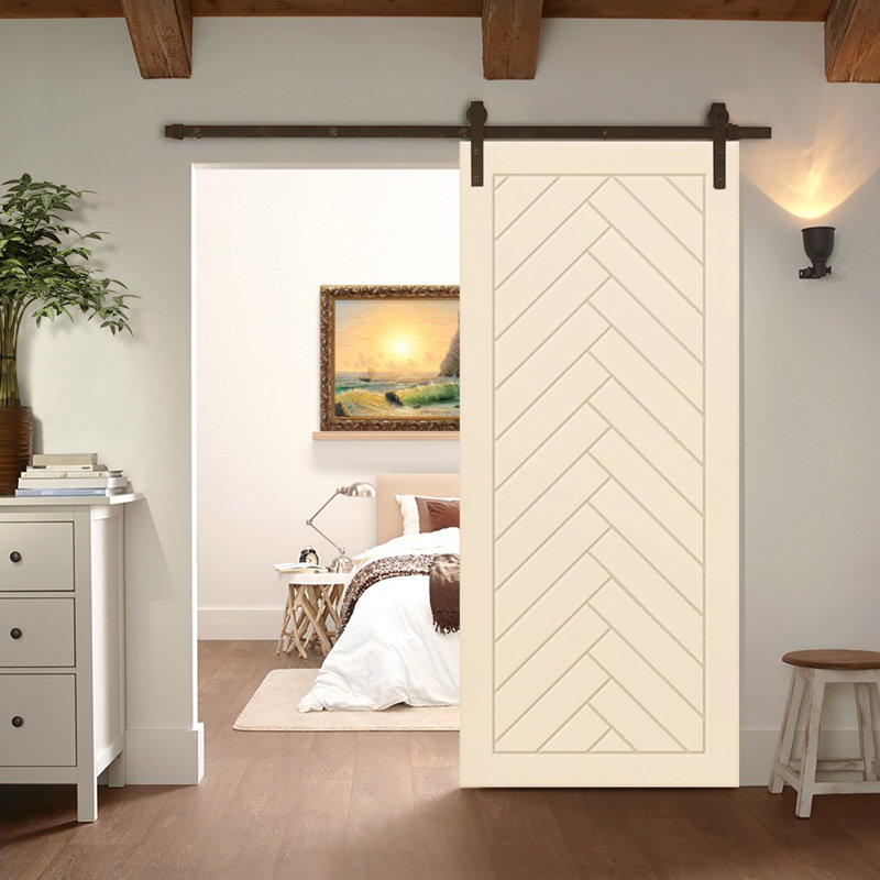 Porte de grange à panneaux et en bois manufacturé avec quincaillerie d'installation, Beige, 42 po x 80 po, Café noir