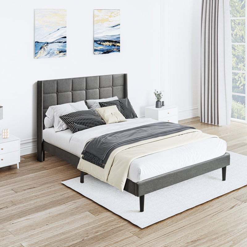 Modern Dark Grey Linen Upholstered Queen Bed - Platform Frame With Button Headboard, No Box Spring Needed, Easy Assembly Headboard Tufting, Spring, Wood Slat Support, Assembly, 600 Lbs Max Weight