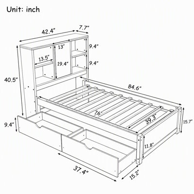 Twin Size Platform Bed with Bookcase Headboard, USB Port, and 2 Drawers