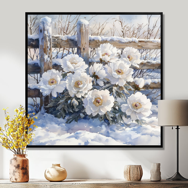 Pivoines par la clôture de la ferme enneigée II - pivoines, art mural, Impression encadrée flottante, Noir, H 16 po x l 16 po