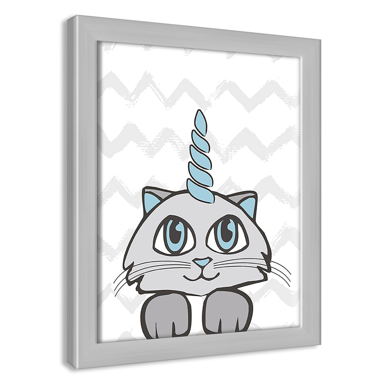 Caticorn II Framed Art, 10" H x 8" W x 1.18" D, Silver Frame