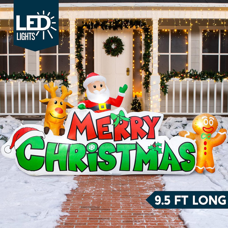 Décoration de Noël gonflable de 9,5 pi avec père Noël, renne et gingerman, décoration de Noël gonflable avec des lumières à DEL
