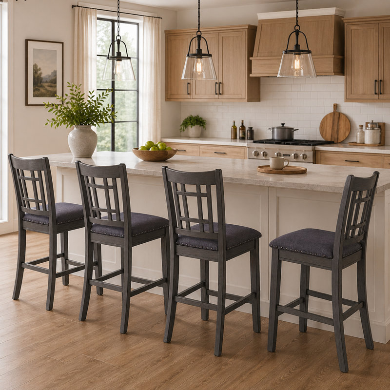 2 chaises de bar de salle à manger à hauteur de comptoir et siège rembourré à garniture cloutée avec îlot de cuisine et siège en bois de 24 po gris
