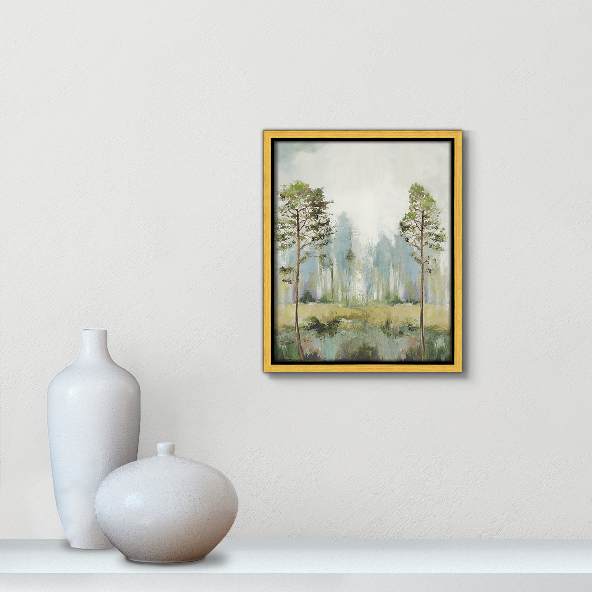Tall Green Trees II by Teton Pearce - Floater Frame Print on Canvas, 11.5" H x 9.5" W, Gold