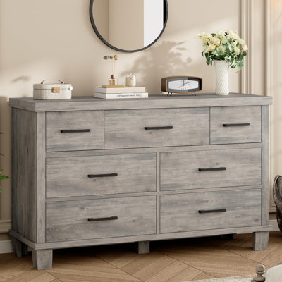 Modern 7 Drawer Wide Wooden Dresser – 51 Inch Large Storage Chest with Metal Handles, Durable & Stylish for Bedroom, Living Room, Closet, Nursery (Wood Grain Gray)