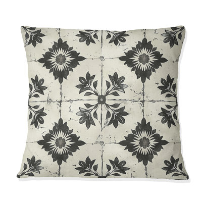 Vintage Black Floral Mosaic Tiles II - Floral Pillow