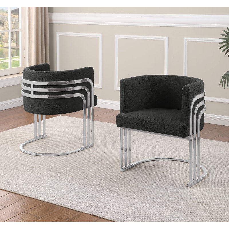 Sled Leg Side Chairs With Teddy Fur Fabric And Chrome Frame, Black, Silver