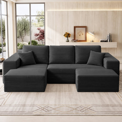 Boneless 95" Compression Cloud Modular Sectional Sofa with 2 Ottomans, Contemporary Plush Corduroy U‑Shaped Deep Seat Corner Couch, No Assembly Required for Living Room