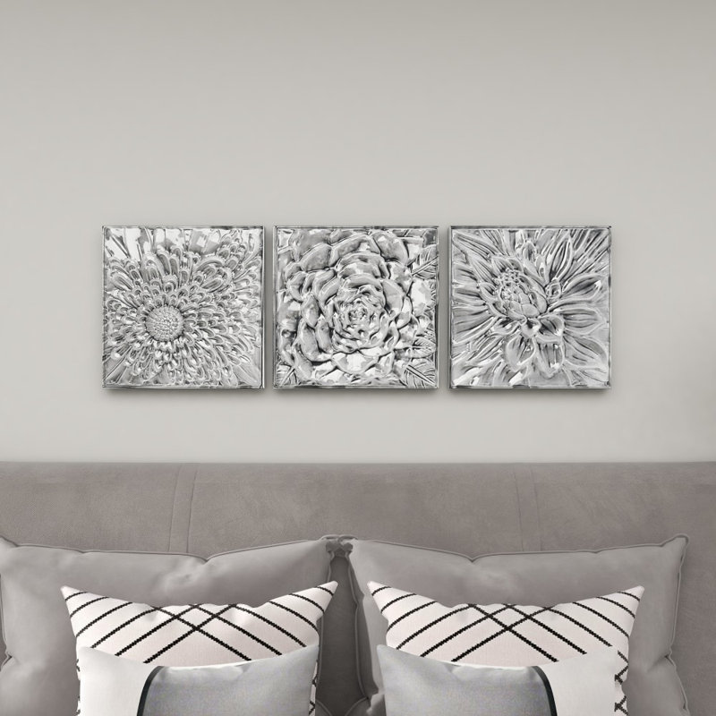 Metal Embossed Floral Gray Wall Decor Set