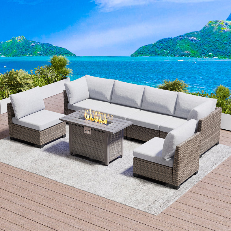 Jeanan Wicker 6 - Person Modular Patio Conversation Sets with Cushions, Light Brown