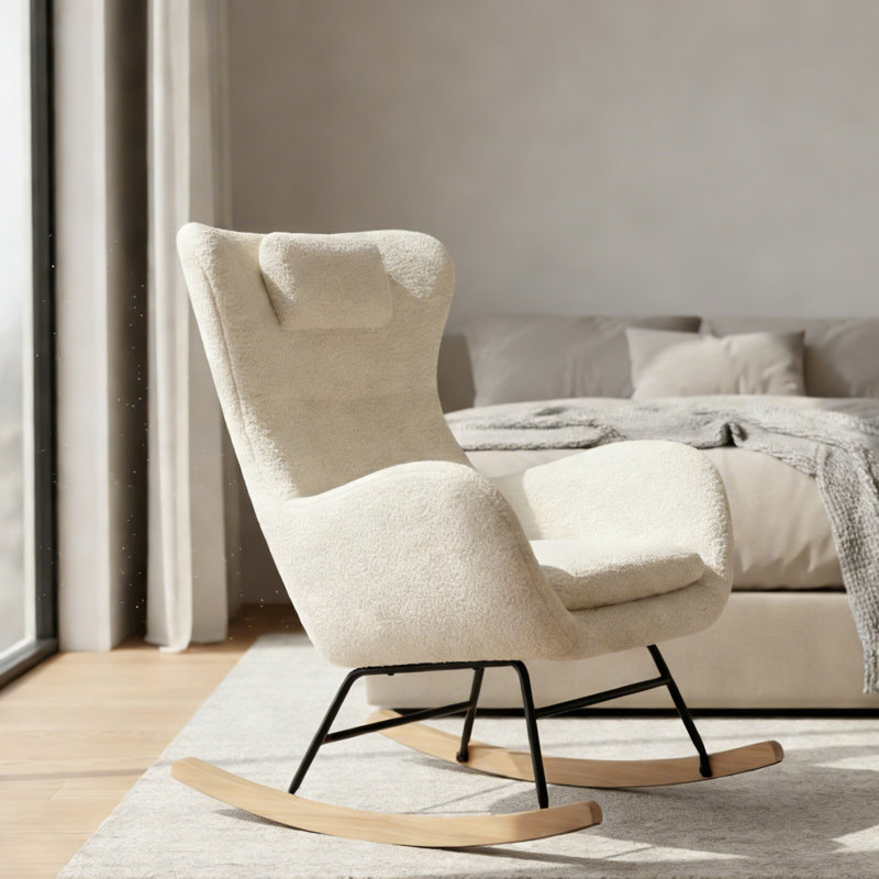 Fauteuil berçant et oscillant rembourré de style moderne avec dossier haut, appui-tête réglable et poche, Beige