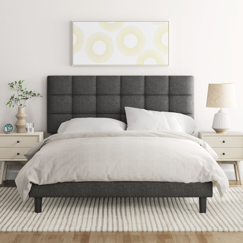 Size Modern Upholstered Bed Frame with Adjustable Square Tufted Headboard, Double (4'6), Dark Grey