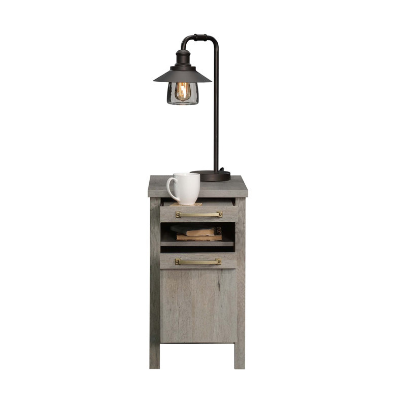 Table d'appoint polyvalente à finition grise avec tablette coulissante et grand tiroir pour plus de rangement et de commodité.