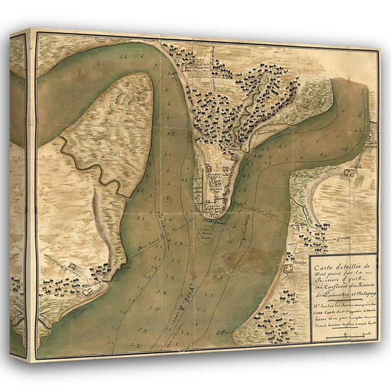 Art rétro sur toile tendue avec cartes: Sondages pour la profondeur de l'Hudson autour de West Point, H 28 po x l 29 po