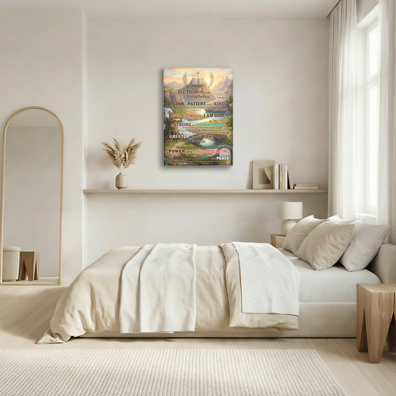 Biblical Verses And Nature Landscape Canvas Wrapped Wall Art Oil Painting Print With Inspirational Quotes And Mountain Scene For Home Or Church Decor