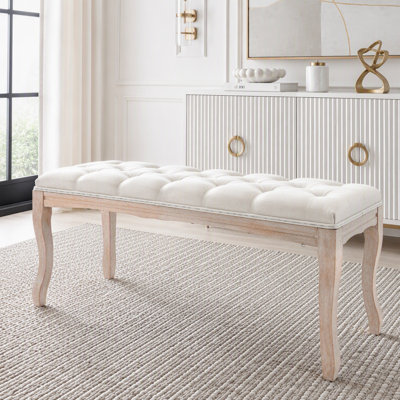 Banc de chambre à coucher, banc d'entrée touffeté de style français rétro, banc de bout de lit tapissier 43,3 po avec pieds en bois vieilli, siège de repose-pieds en lin