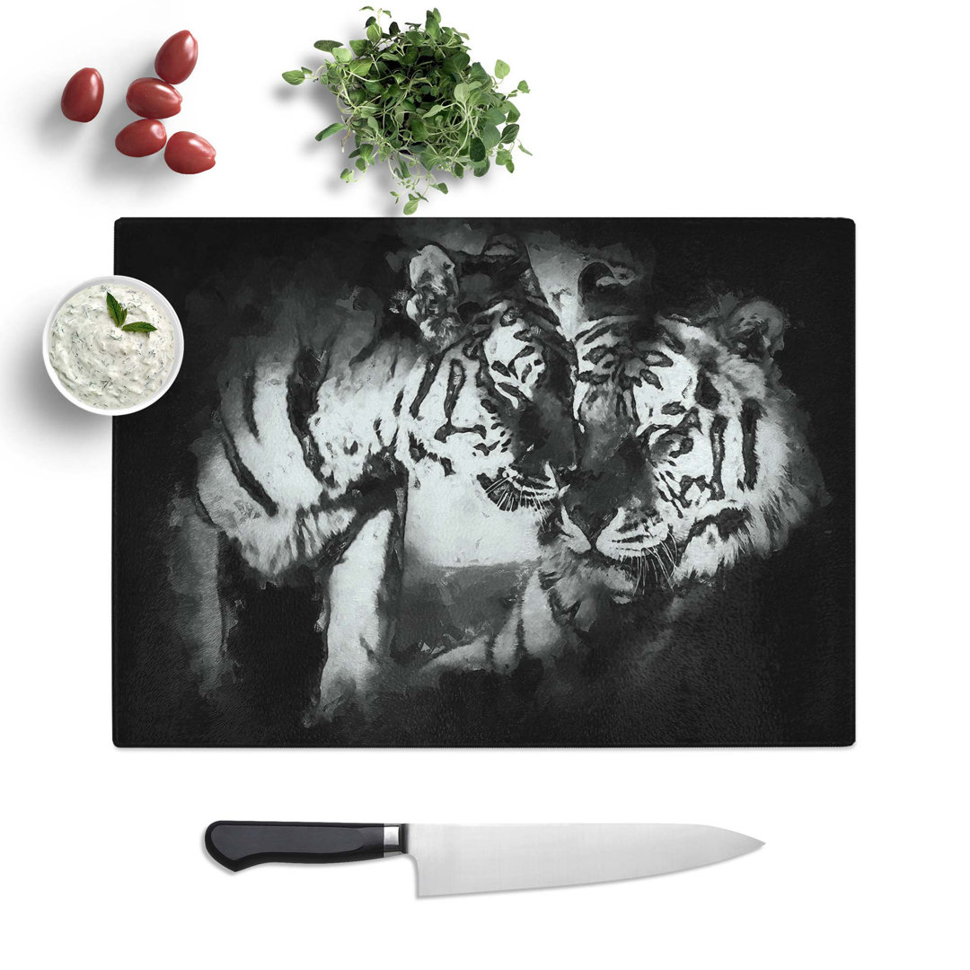 Tempered Glass Two Snuggling Tigers in Abstract Chopping Board